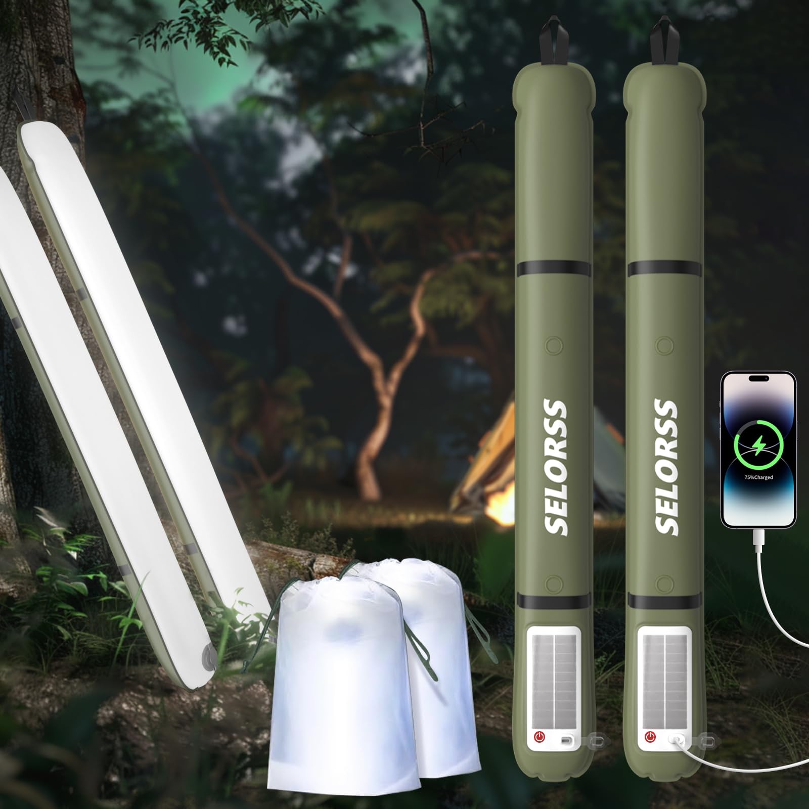 Aufblasbare Solar-Campingleuchten, 86 cm, faltbare Teleskoplampe, tragbares 2000-mAh-LED-Licht für den Außenbereich, IP66, wasserdicht mit weißem Licht für Camping – 2er-Pack, Kaki