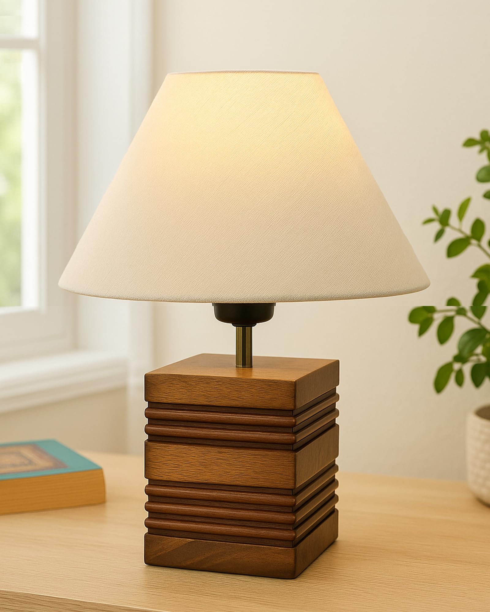 Homesake Wood Table Incandescent Lamp, Modern Base Fabric Incandescent Lampshade For Home Office Cafe Restaurant, Rib Cube, (Brown)-picture-12