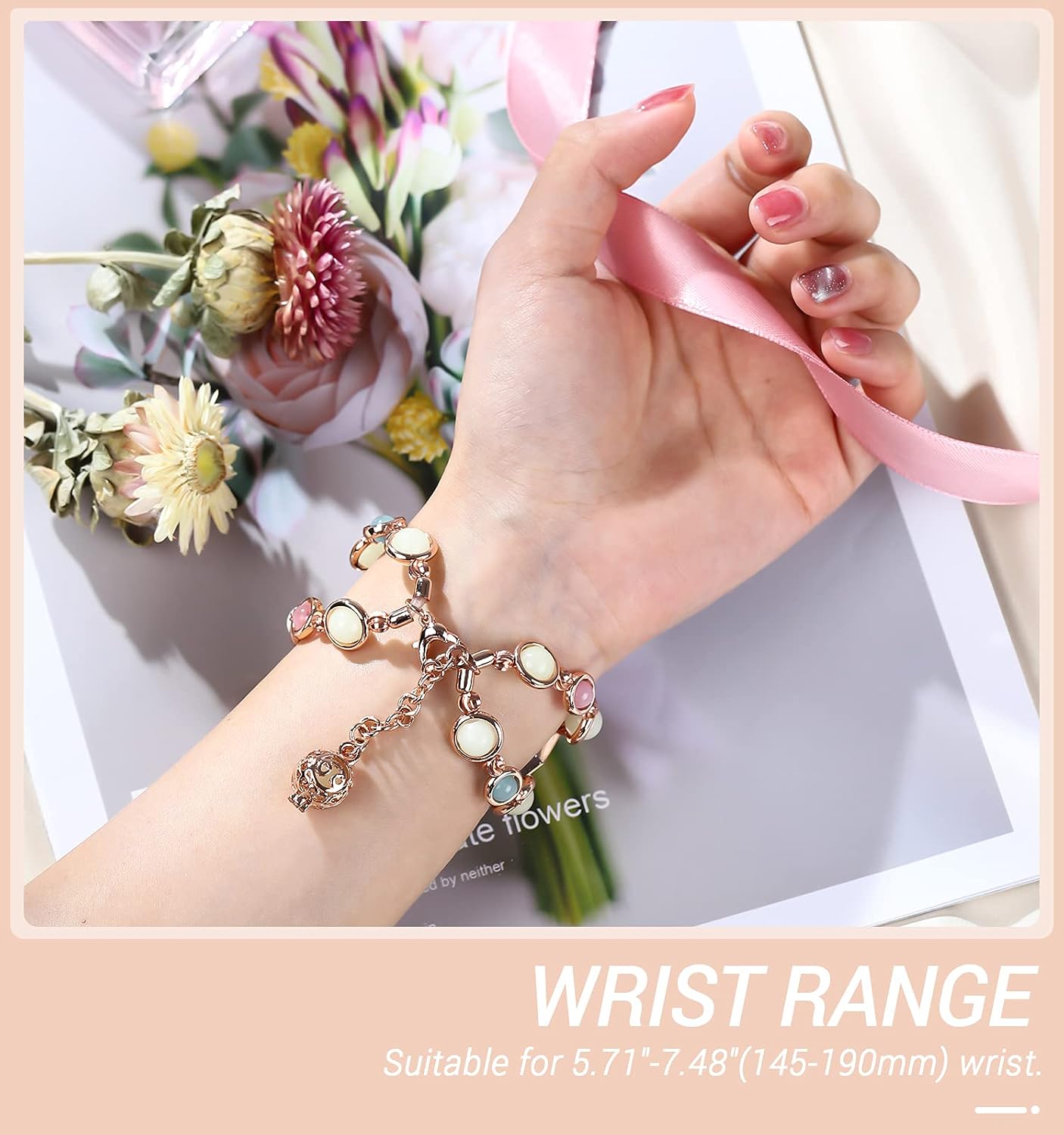 TiMOVO Beaded Fashion Band Compatible with Galaxy Watch Active 2/Active/Galaxy Watch 7/6/5/4 40mm 44mm, Elastic Beaded Night Luminous Beads Band Strap for Women, Rose Gold