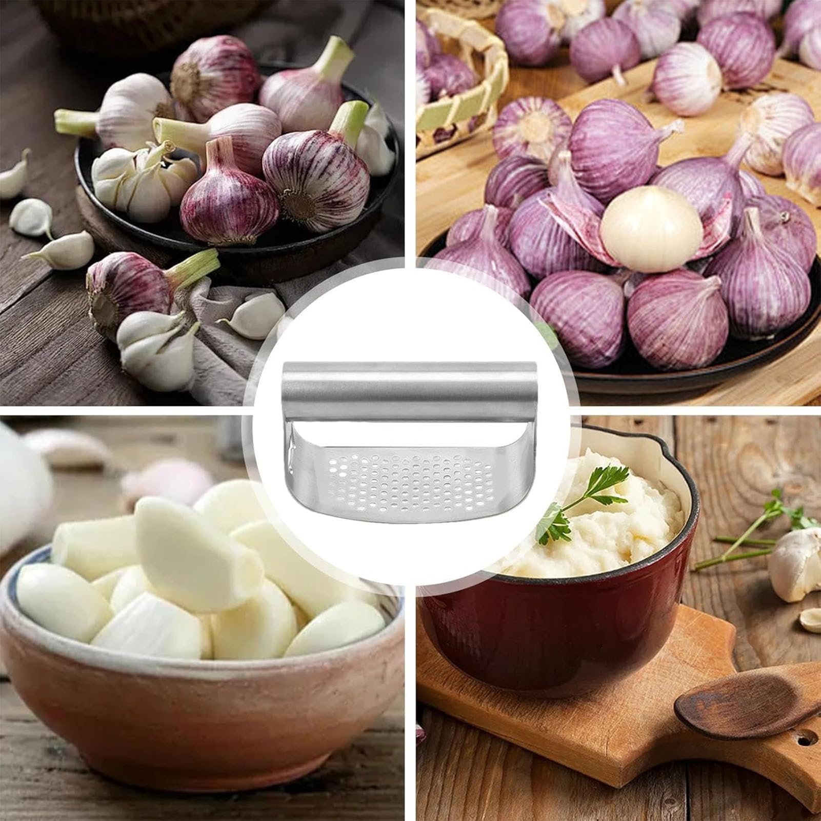 Presse à ail Ronde en Acier Inoxydable, Coupe-légumes avec poignée Ergonomique, Presse à ail Manuelle pour Usage Domestique, idéale pour hacher l'ail,Natural,10 x 7 x 5 cm