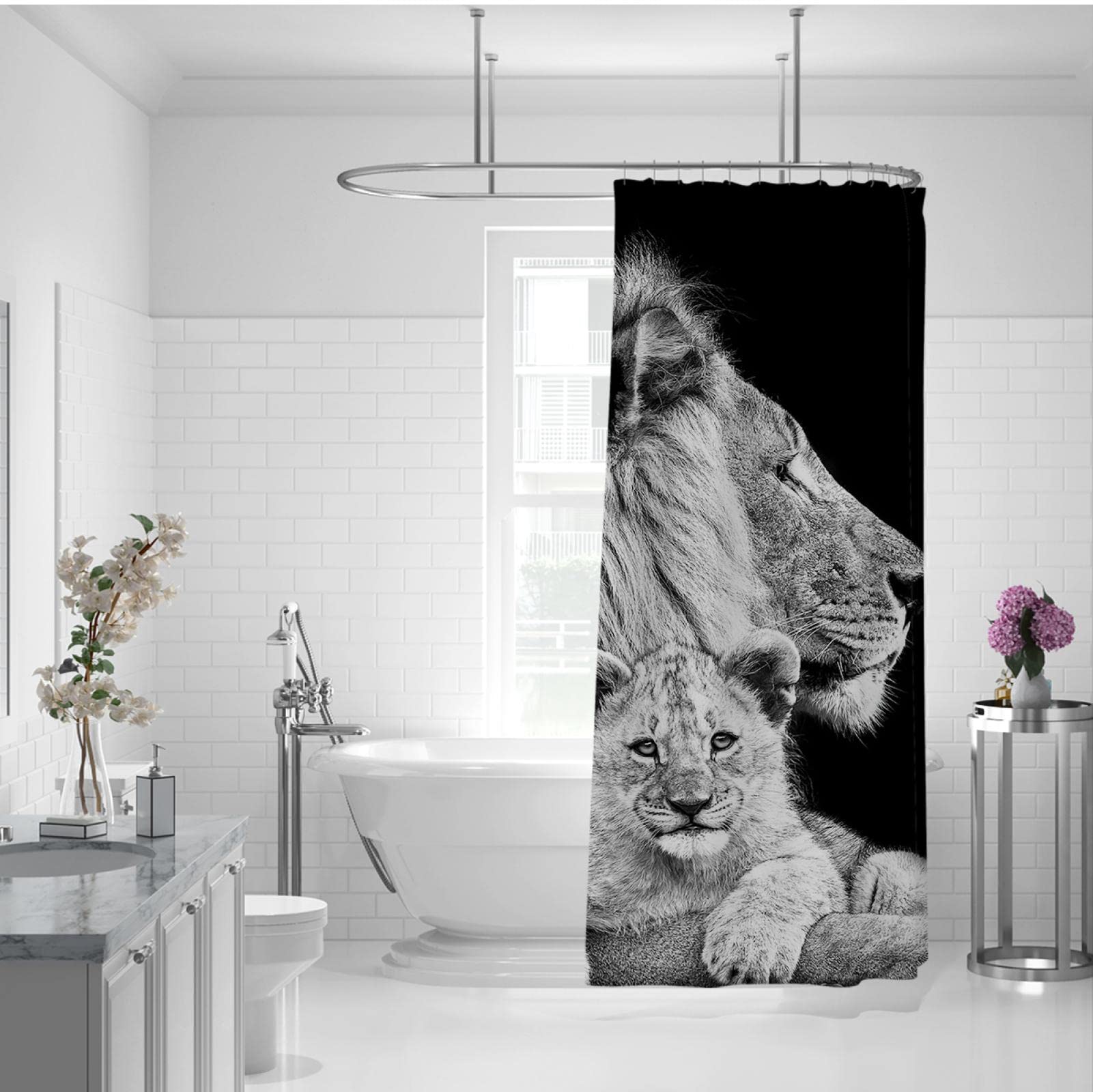 Cortina de Ducha Negra para baño Animal Lion Baby Protegiendo la privacidad Cortinas de baño con Ganchos Cortina de Ducha Impermeable de fácil Cuidado W190xL220cm