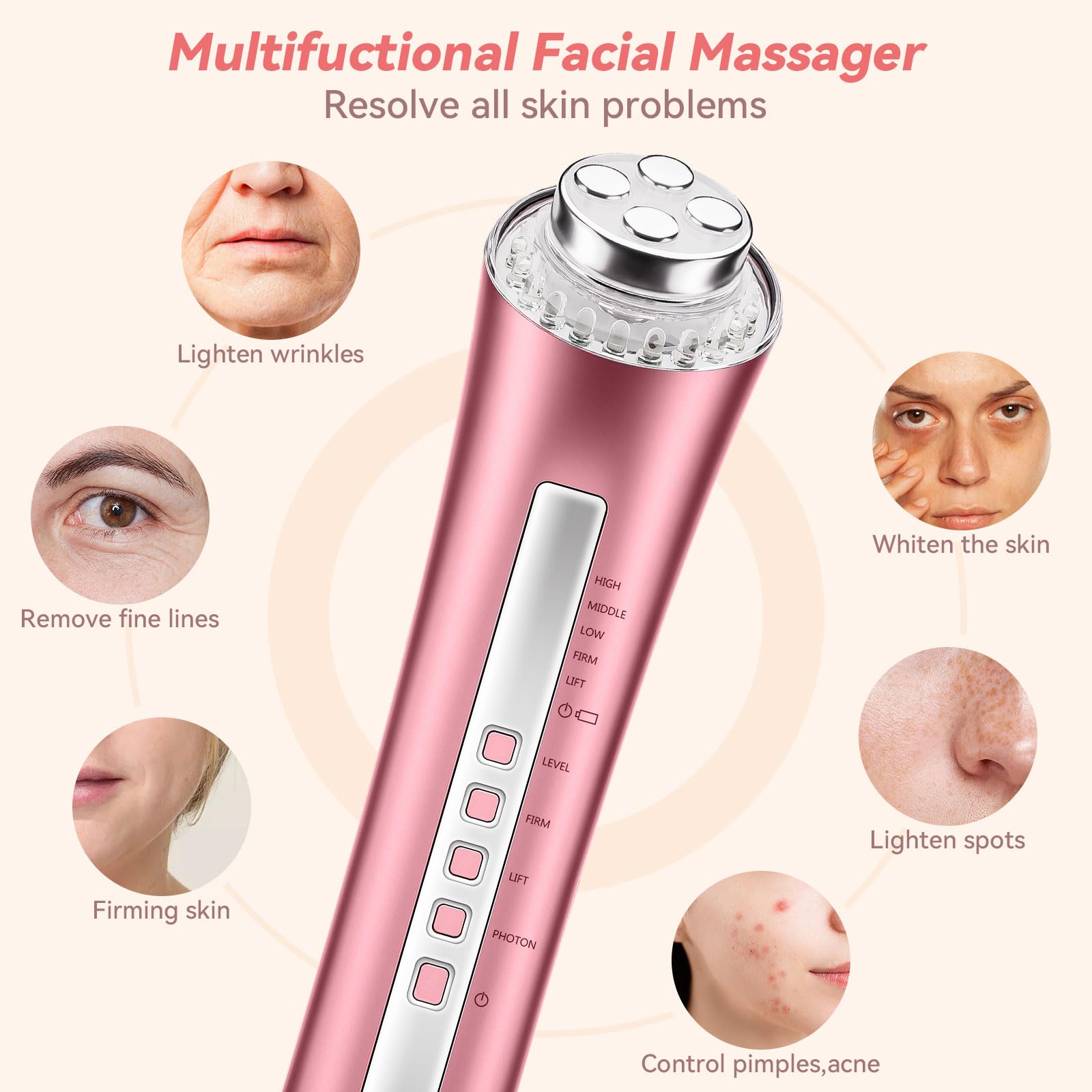 CARER BEAUTY Dispositivo de Radiofrecuencia Facial Masajeador Facial Contra las Arrugas y 3 Terapias de Luz LED para Reducir las Líneas Finas Reafirmar la Piel y Anti-Envejecimiento