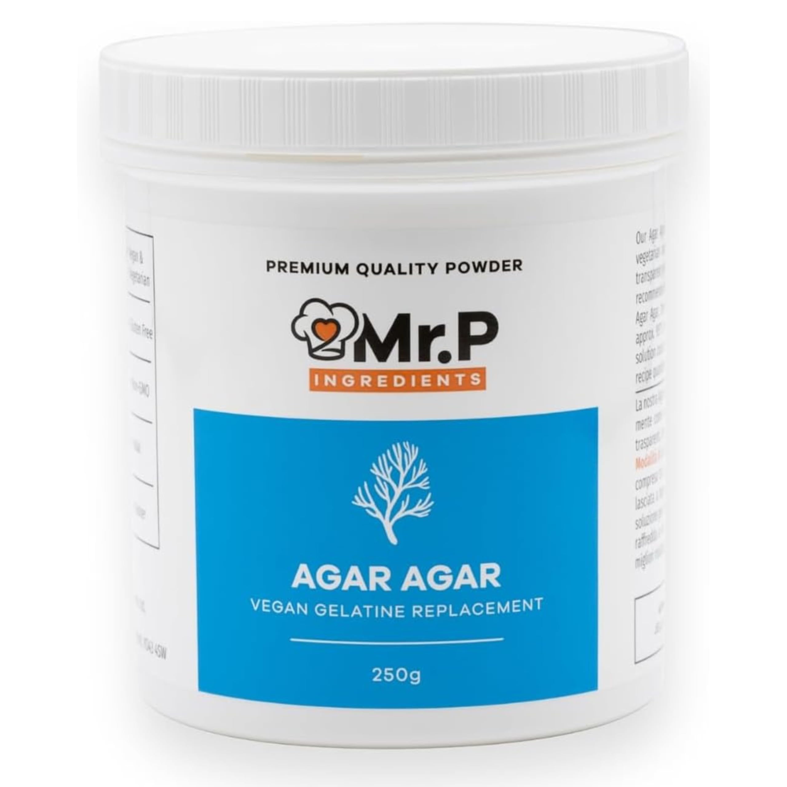 Mr.P Ingredients Agar Agar 250g Powder Vegan Gelatine Replacement Ideal for Jelly Mousse Molecular Gastronomy Gelling Agent Vegan Vegetarian Halal Kosher Non-GMO (Recyclable Pot)