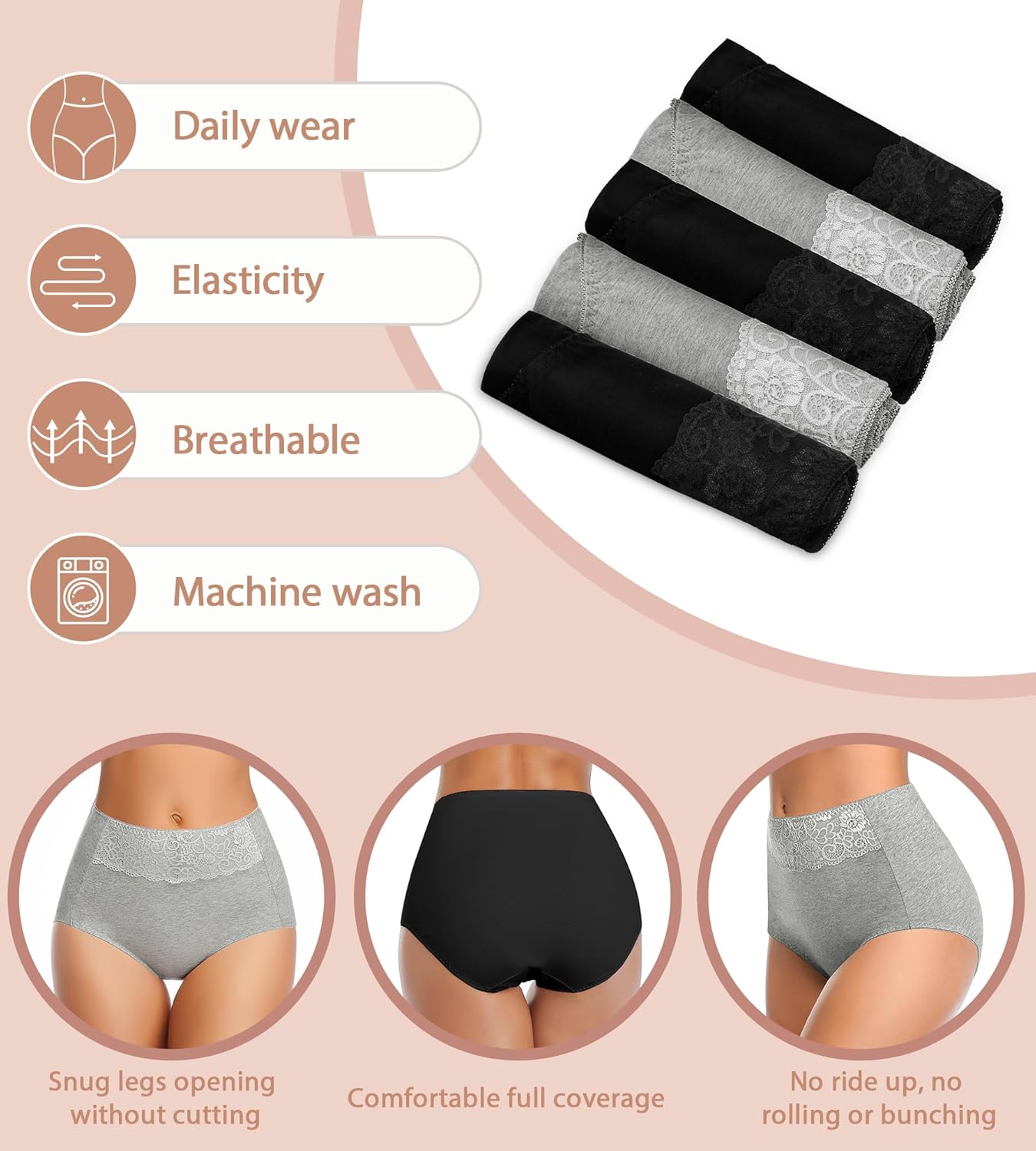 MISSWHO Women's High Waisted Cotton Underwear Soft Breathable Full Coverage Stretch Briefs Ladies Panties 5-Pack - Image 3