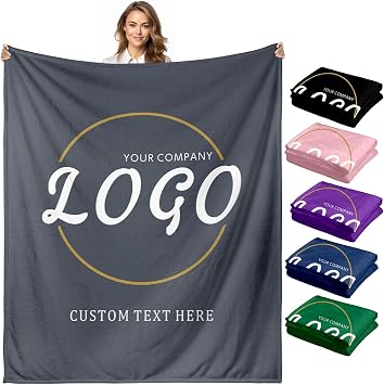 Custom Logo Photo Blanket Bulk Personalized Text and Design Throw Blanket for Business Gifts, Events, Office Branding, Club Promotion Multi-Color Options for Corporate or Group 10, 6050