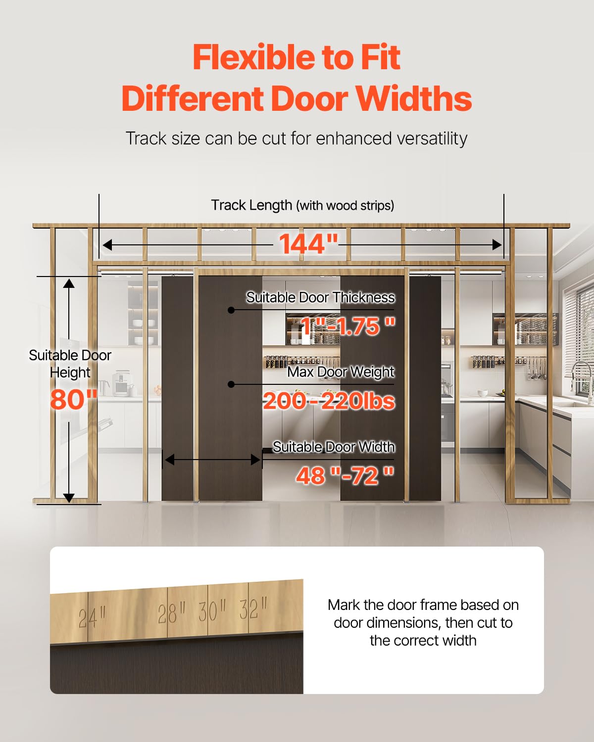 VEVOR Kit de Marco para Puerta Corrediza de Madera y Acero Galvanizado para Puertas de 1219-1829 mm de Ancho y 2032 mm de Alto con Mecanismo de Cierre suave Bidireccional para Sala de Estar, Oficina