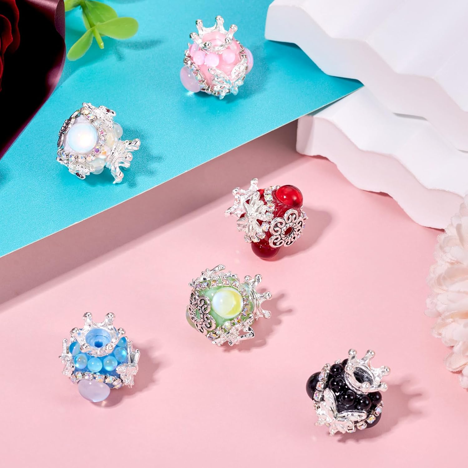 Beadthoven 6Pcs 21mm Polymer Clay Rhinestone Focal Beads for Pens, Butterfly Crown Crystal Beads with Cat Eye Stone Bling Gems Fancy Diamond Spacers for Keychain Bracelets Jewelry Making DIY Crafts - Image 6