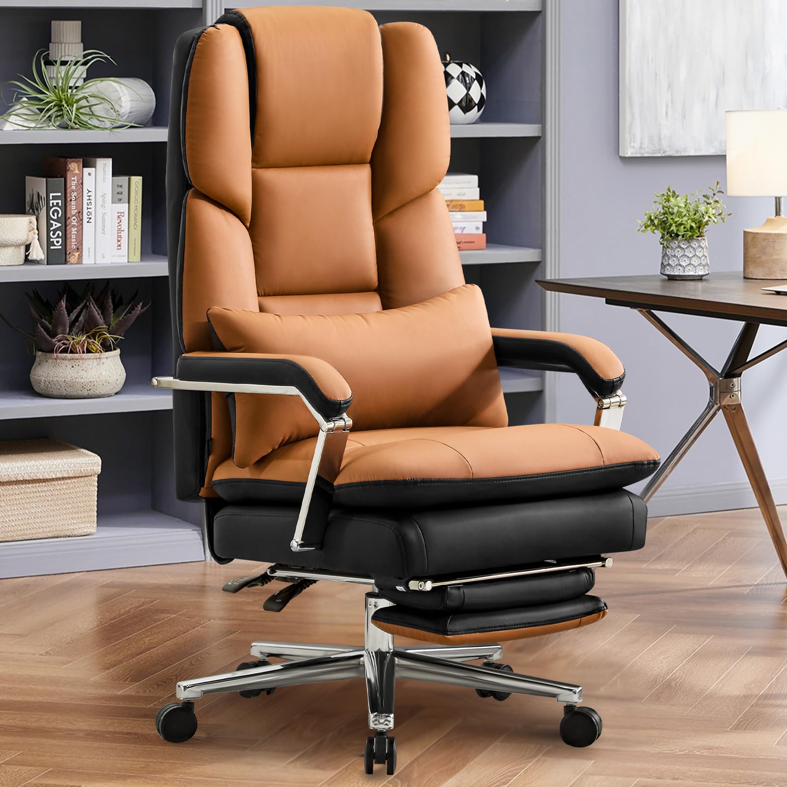 Ckaff Big and Tall Executive Leather Office Chair 230kg, Heavy Duty Ergonomic Desk Chair with Footrest, High Back Reclining Computer Gaming Chair with Lumbar Support and Wide Seat, Brown
