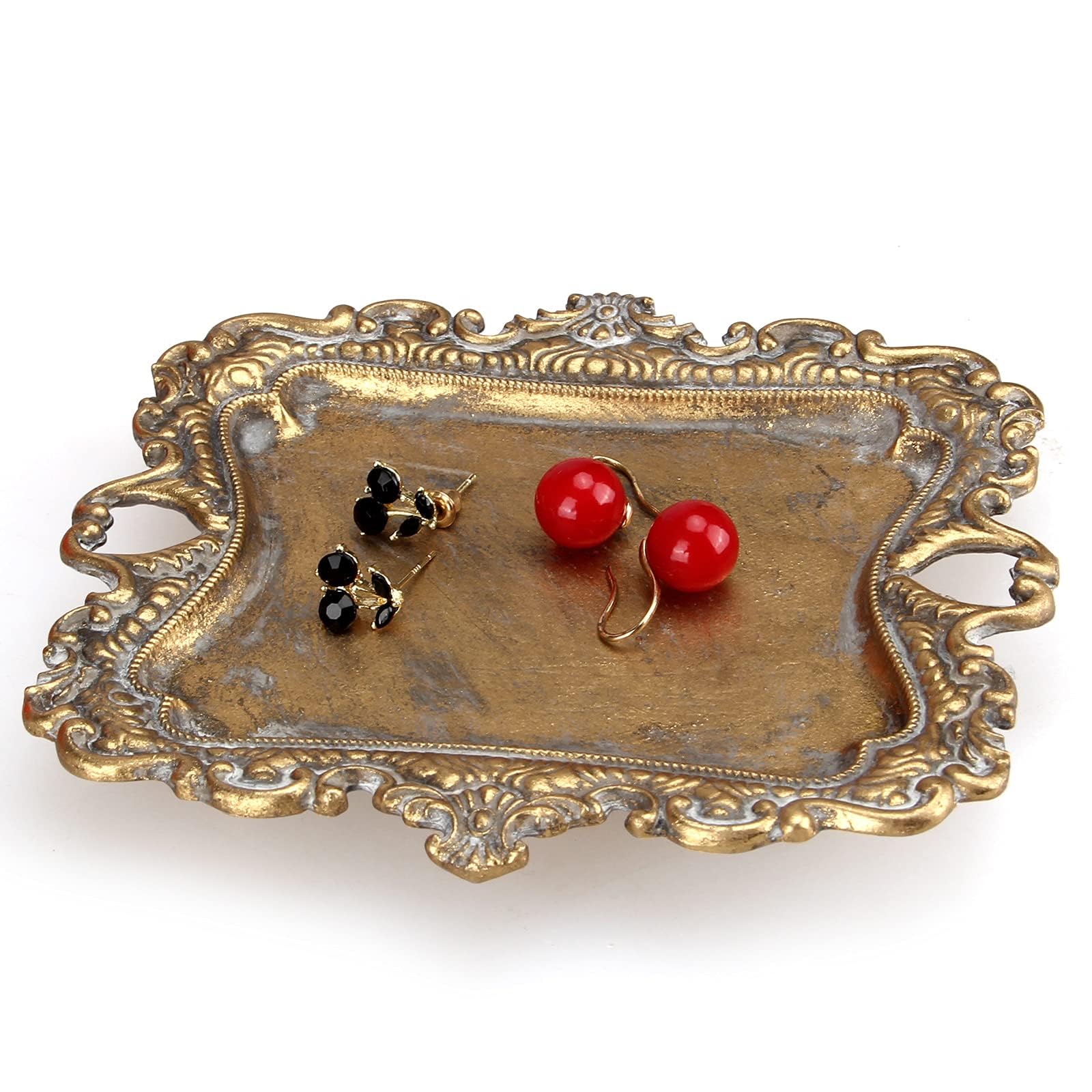 TERRIFI Vintage Gold Small Jewelry Tray - Engagement Wedding Rustic Trinket Dish Ring Plate - Antique Earring Necklace Tray Vintage Gold Jewelry Tray - Decorative Little Jewelry Display Trays
