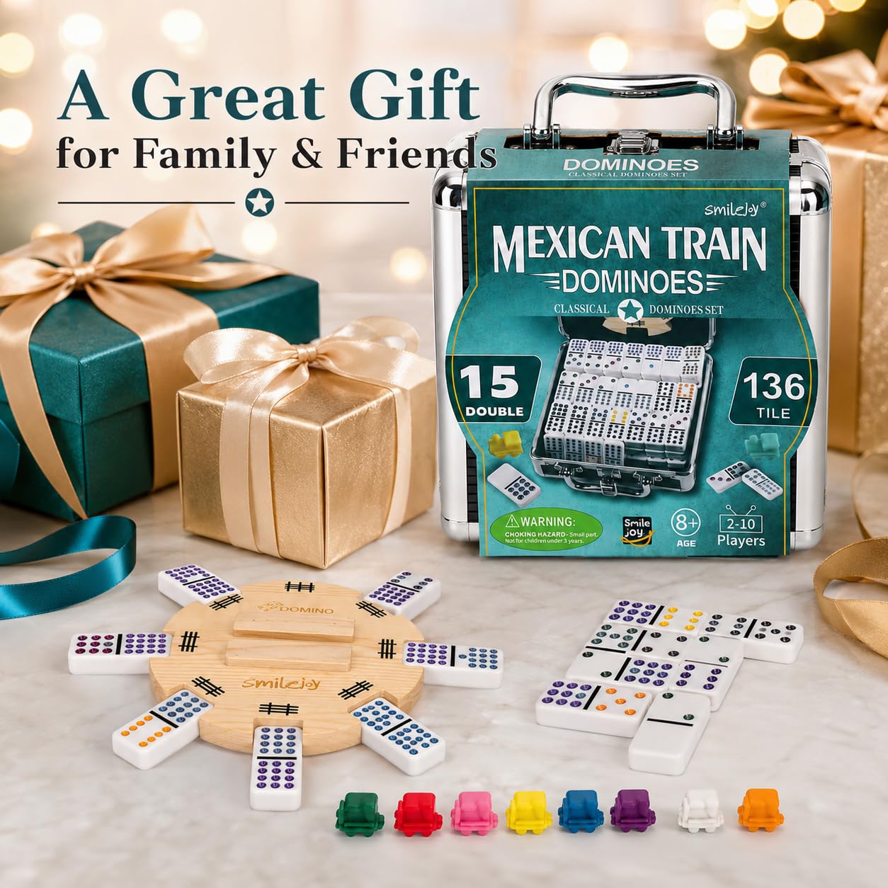 Smilejoy Dominó de tren mexicano, juego de dominó doble de 15 colores con caja de aluminio, juego de tren mexicano, 136 fichas de dominó de puntos (2-10 jugadores)