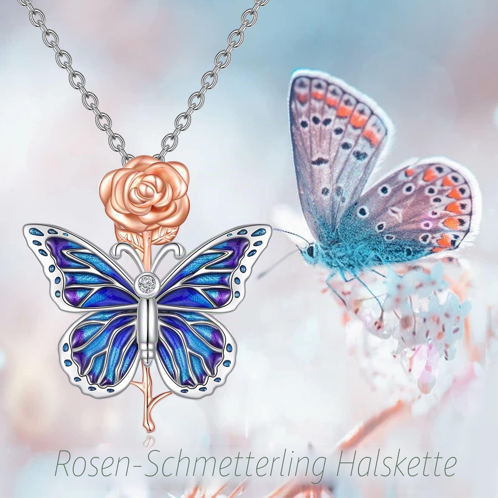 YAFEINI Schmetterling Kette Rose Blume Anhänger Halskette 925 Sterling Silber Schmetterling Schmuck Geschenk für Damen Mama Mädchen
