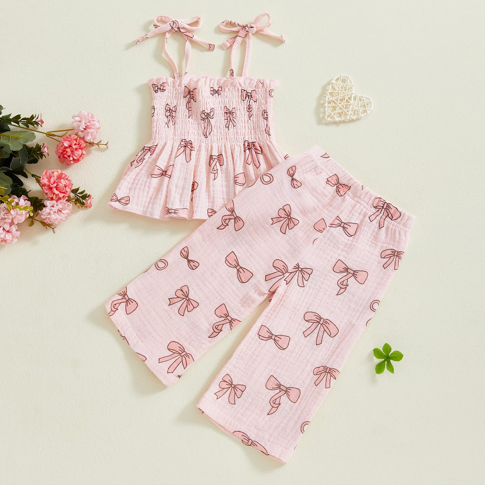 VISGOGO Ropa de verano para bebé niña, sin mangas, con tirantes fruncidos, pantalones de lino, con lazo