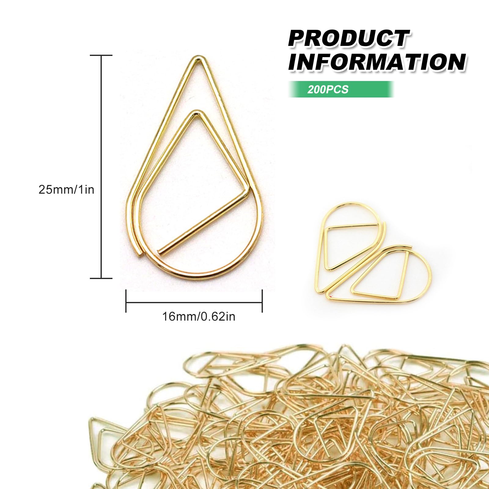 Gold Water Drop Paper Clips, 200 Pcs Paperclips Metal Teardrop Paper Clips Golden Water Drop Shaped Paperclips for Books 25 x 16mm - Image 2