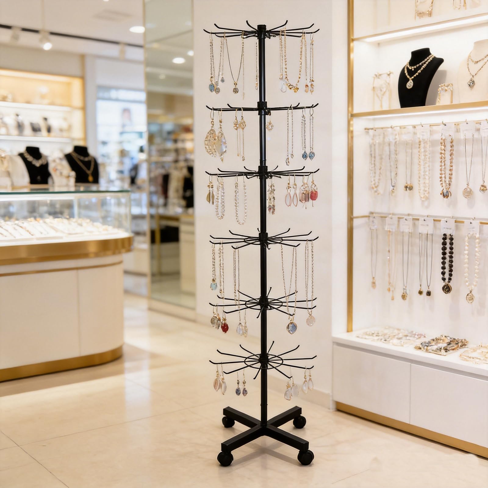 NEWFUN Verkaufsständer, Drehständer, 6-Stöckiges Verkaufsständer Drehbar, Drehständer Mit 60x Haken Aus Metall, 160 cm Schwarz, Für Schmuck, Socken, Hüte, Verkaufsveranstaltungen