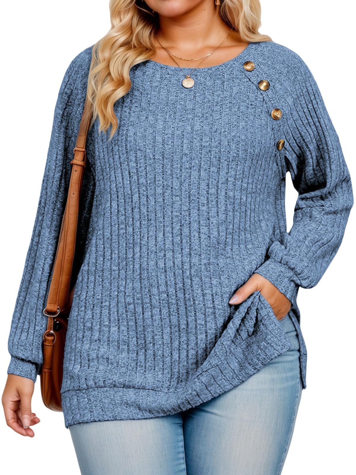 VISLILY Womens-Plus-Size-Tops Casual Long Sleeve Shirts Trendy Button Decor Tunics Lightweight Sweaters Side Split Blouses
