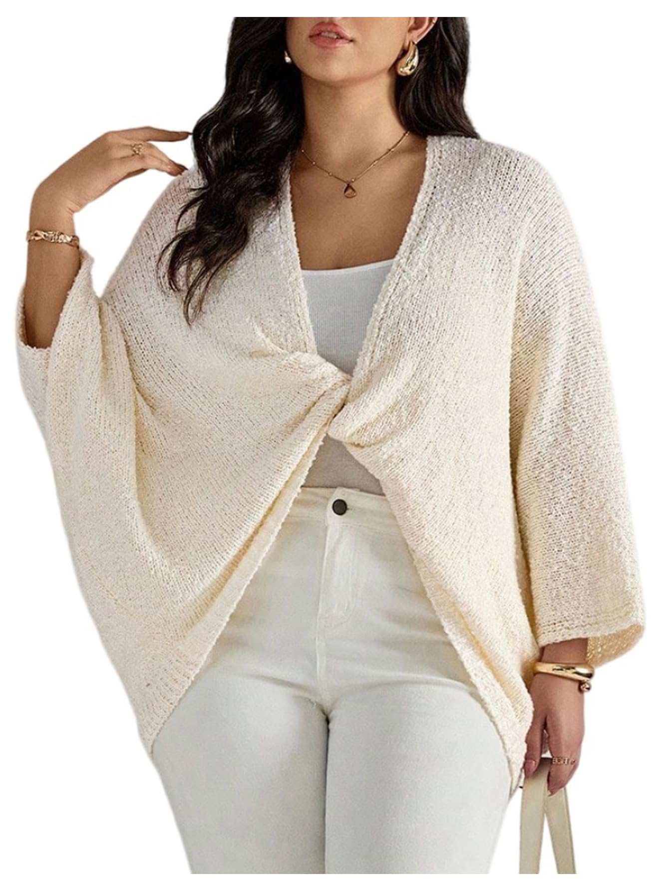 SweatyRocks Womens Plus Size Twist Front Deep V Neck Sweaters Long Sleeve Loose Knitted Pullover Tops