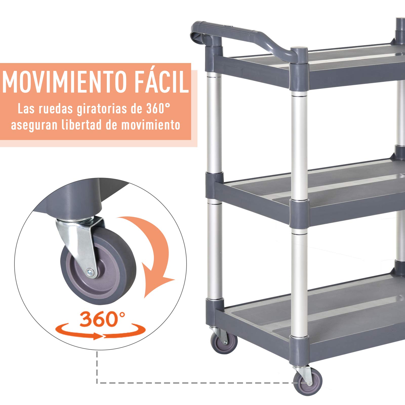 HOMCOM Carrello da cucina in lega di alluminio con ruote Carrello da cucina a 3 livelli Carrello portaoggetti carico 105 kg per Sala da pranzo Bagno 88x44x93 cm Grigio