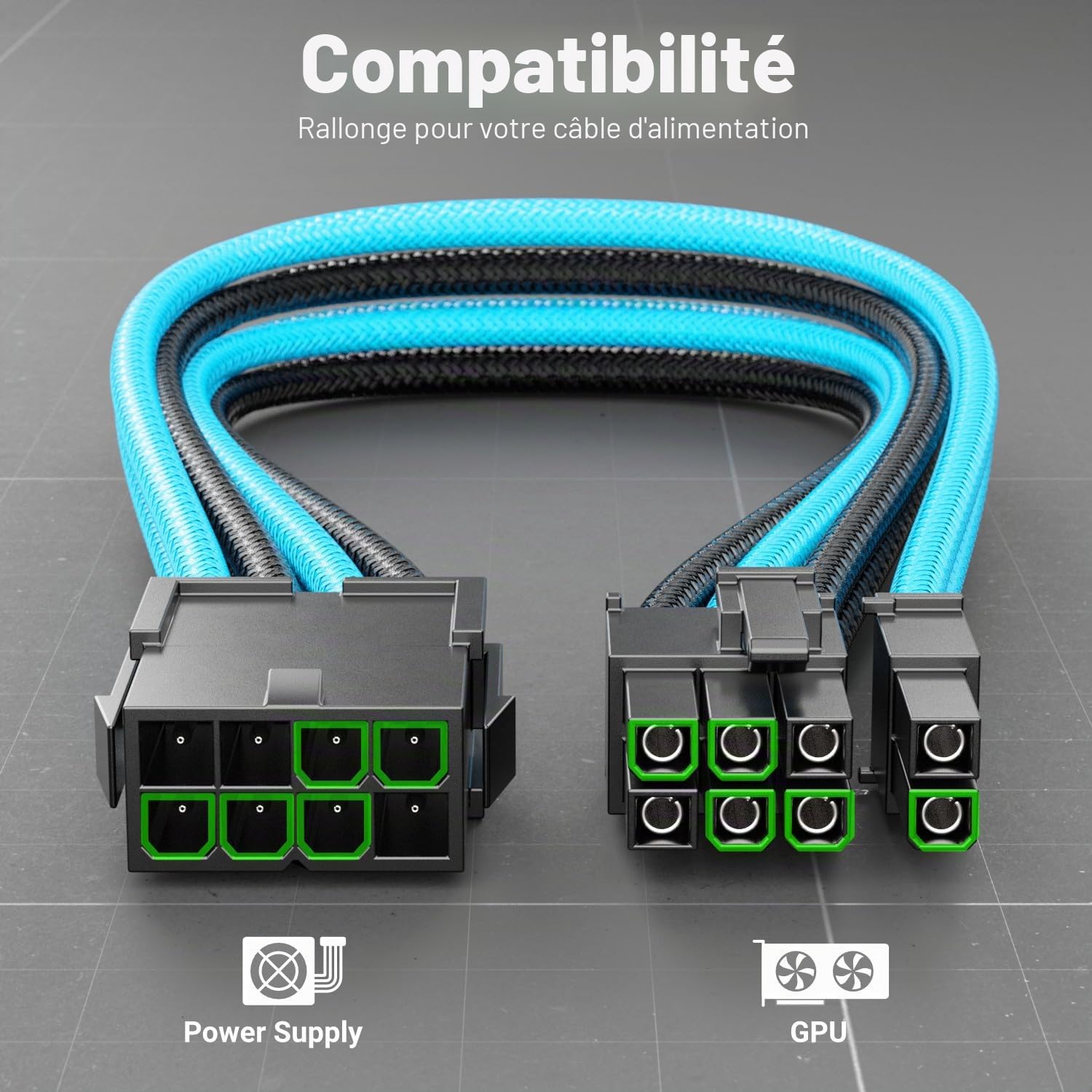 deleyCON 6+2 Pins PCI Express GPU Carte Graphique Câble D'alimentation Rallonge 30cm - 18 AWG PSU PC Ordinateur Alimentation Électrique Nylon Mâle à Femelle - Noir Bleu