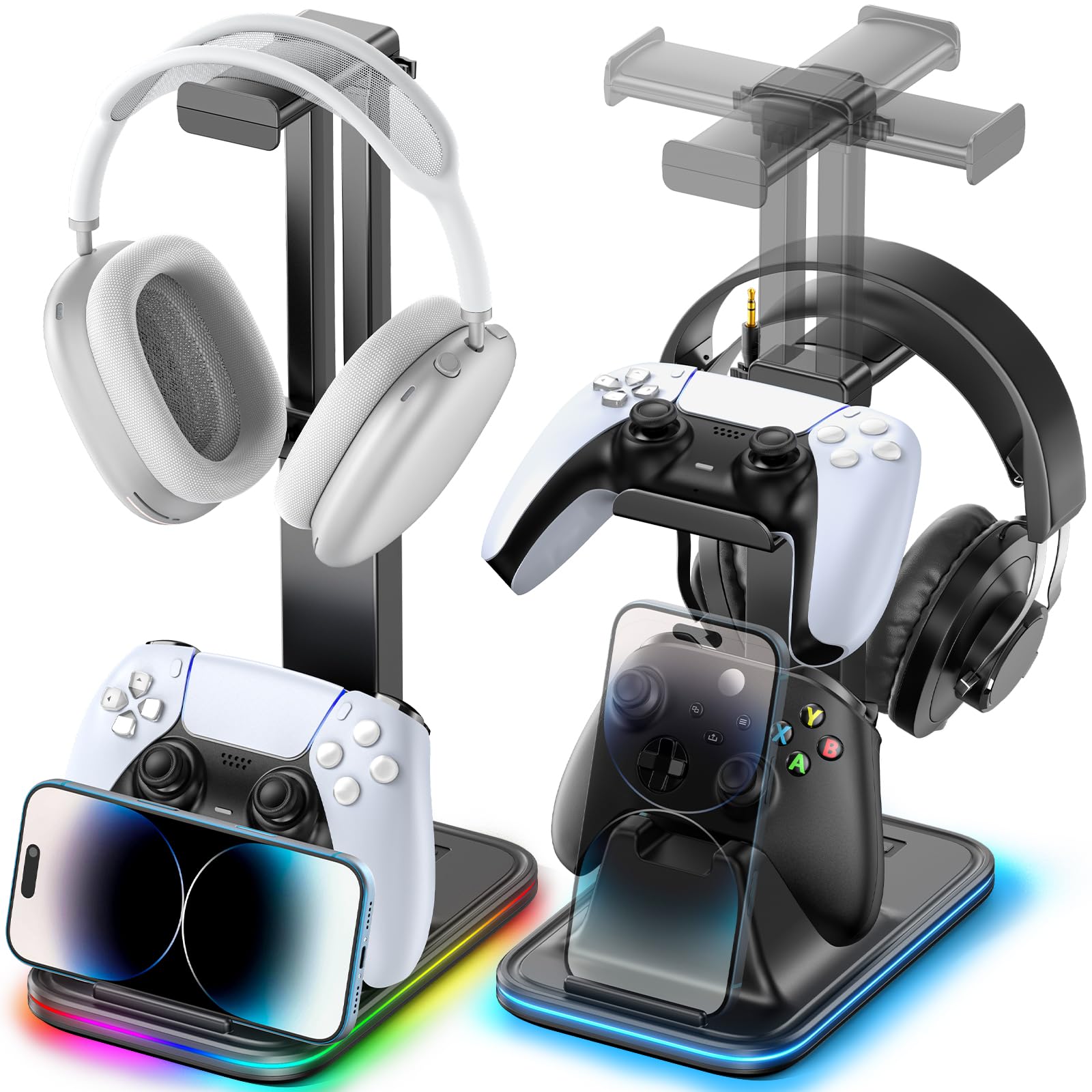Gaming Headset & Controller Stand, Rotating Headphone Storage with 2 Controllers and Phone Holder, 9‑Color RGB Game Desk Storage for PS5/PS4/XBOX, PC Gamer Essentials Organizer Gift Accessories