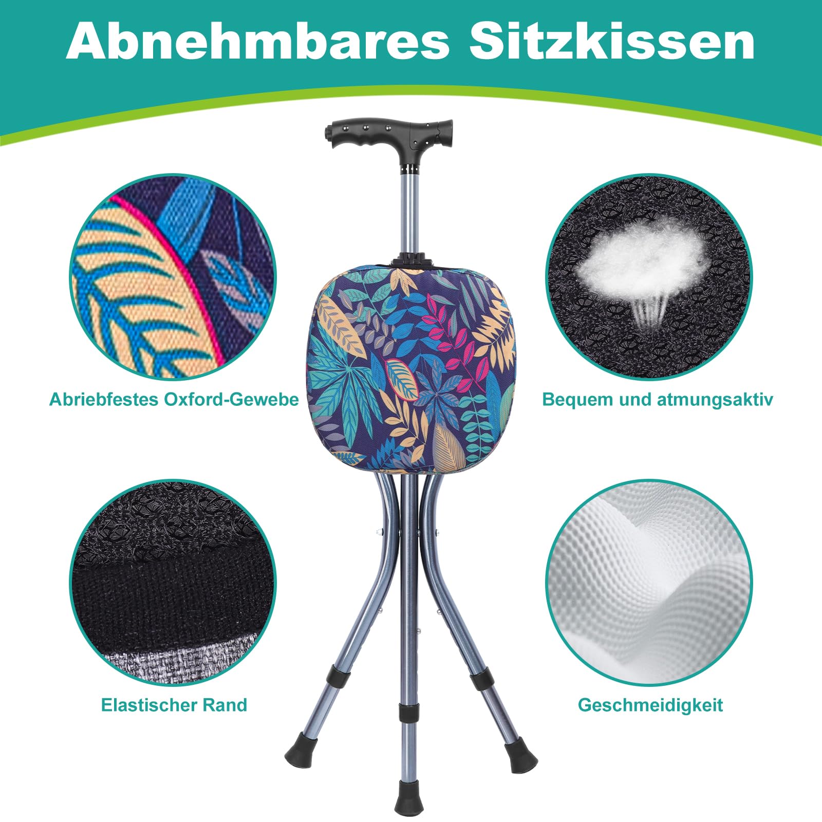 Gehstock mit Sitz, Faltbarer Spazierstock Leicht mit 3 Füßen, Höhenverstellbarer Gehstock für Senioren für Erwachsene, Senioren und Rehabilitationsmenschen