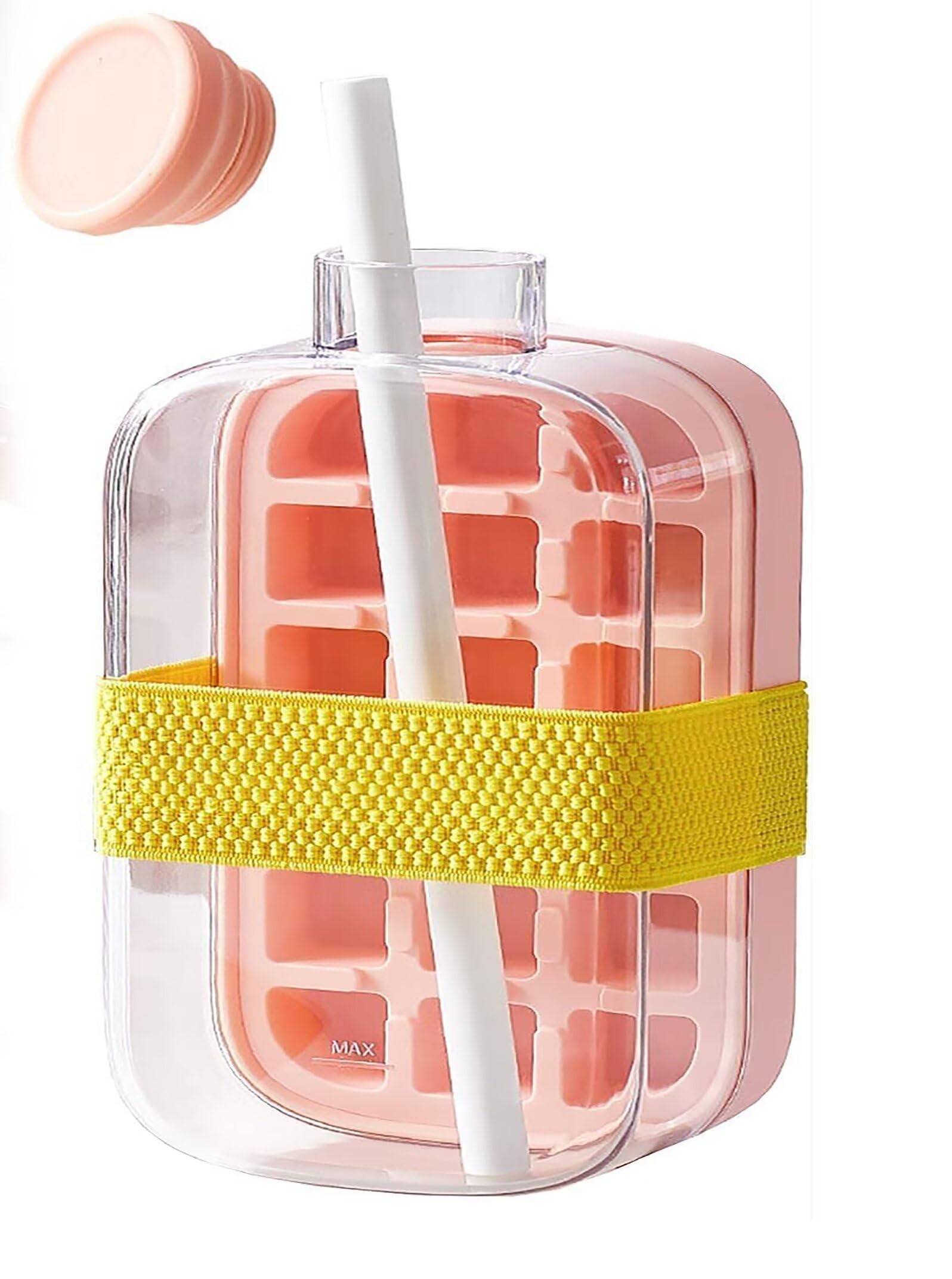 Ice Cube Bottle, 2-in-1 Touch-Free Ice Cube Water Bottle with Lid and Bin, Easy Press to Release Vertical Ice Cube Tray for Freezer (Orange, 800ml)