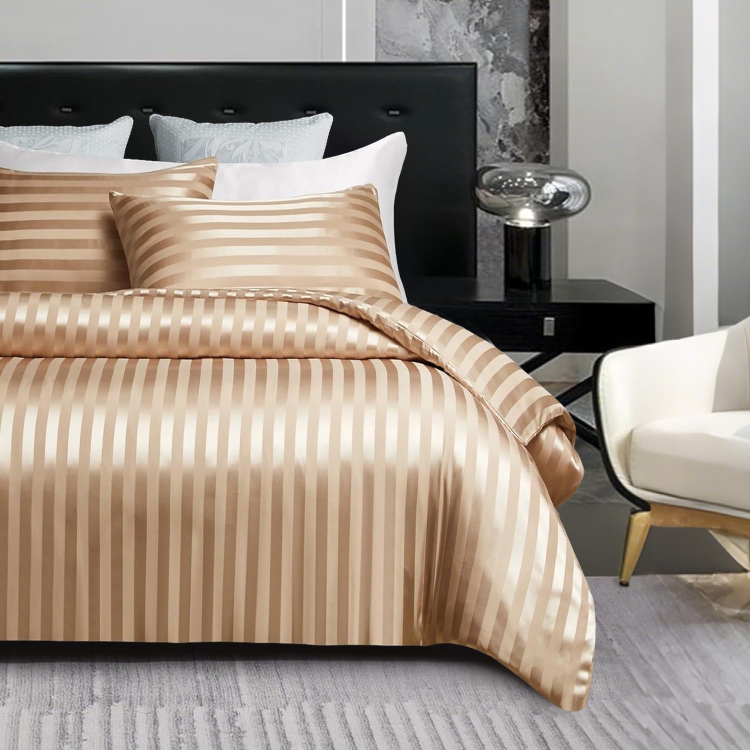 Housse de couette 220x240 satin doré Gezu parure de lit luxe brillant