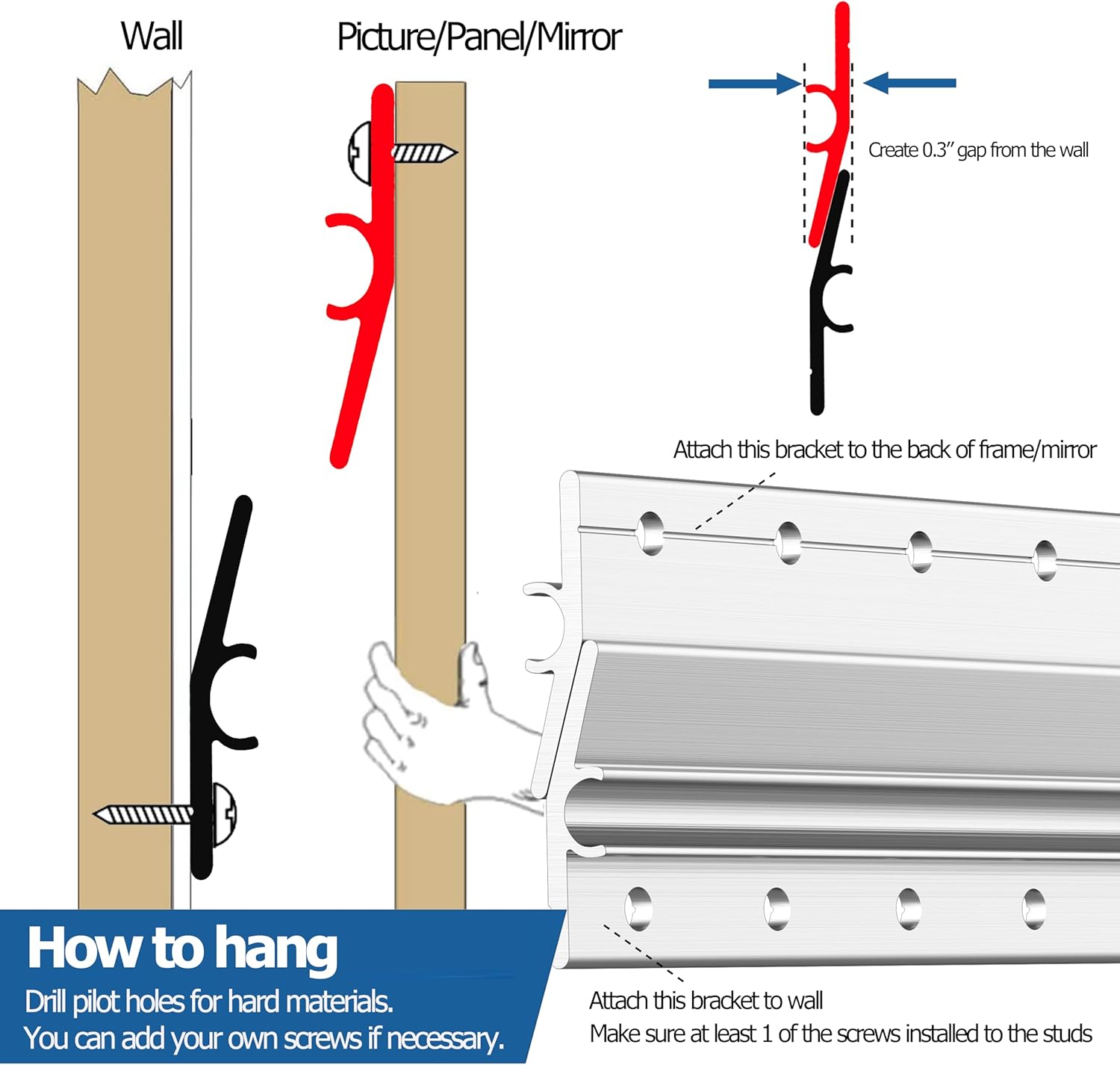 6" French Cleat Mirror & Picture Hangers - Built-in Level 80lb - Alloy Z Bar Cleat hanger for Hanging Frames,Art,Canvas, - Secure Wall Mount Interlock Brackets - 3 Pack