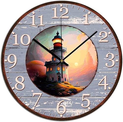Lighthouse - Reloj de pared redondo vintage silencioso de 15 pulgadas, sin tictac, funciona con pilas, faro costero de verano, estilo rústico,