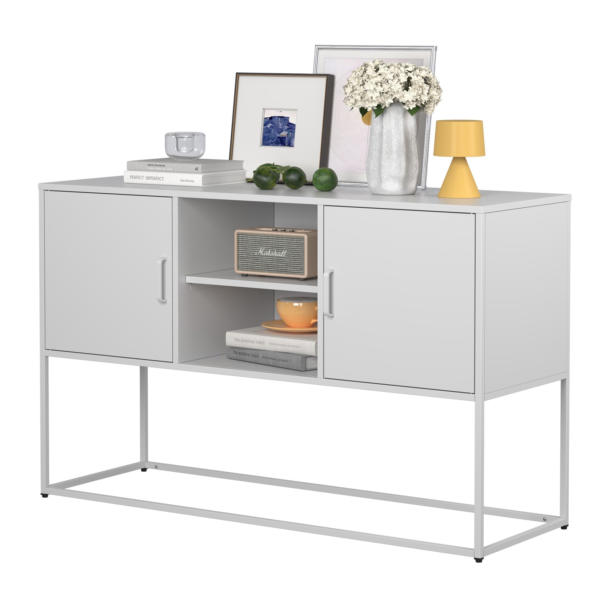 Sideboard, 120 cm Breit Küchenschrank mit 2 Beweglich Regalen, Buffetschrank mit 2 Türen und offene Lagerung, Küchenbuffet für Wohnzimmer, Küche, Flur, Anti-Kipp Design(Weiß)