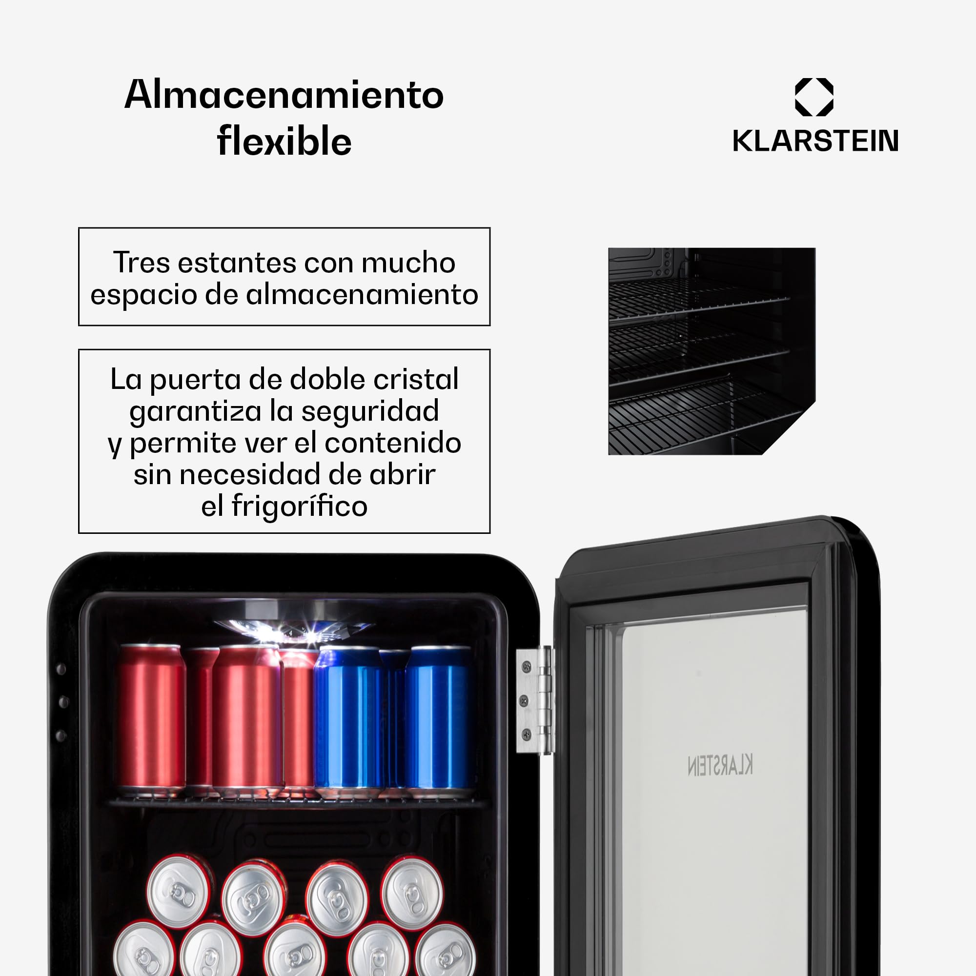 KLARSTEIN Nevera para bebidas, PopLife - minibar, nevera retro, 0-10°C, sólo 39 dB, 70 L, respetuosa con el medio ambiente, puerta de doble acristalamiento, diseño retro, negro