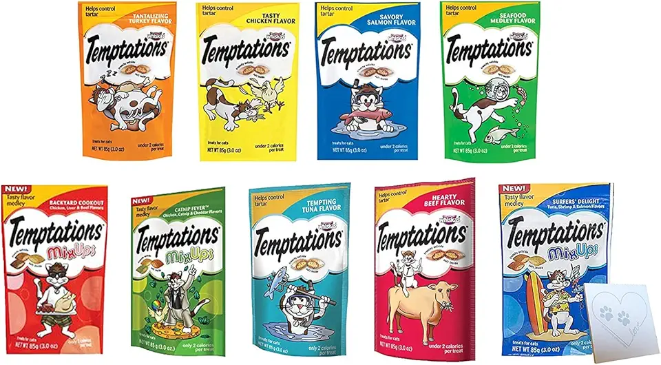 Temptations Cat Treats Temptations Huge Variety Pack, All 9 Flavors: Chicken, Medley, Turkey, Tuna, Catnip Fever, Beef, Surfer, Cookout 1 Pet Paws Notepad (9 Bags Total, 3 Ounces Each), 10 Piece Set