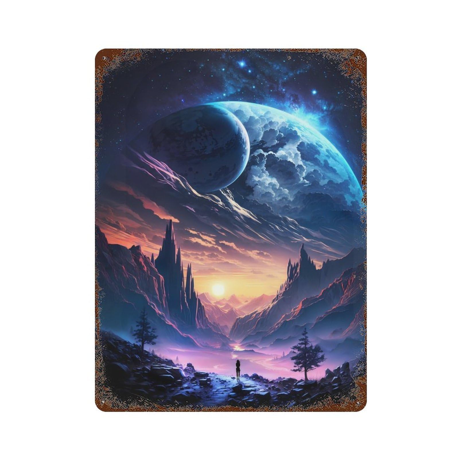 Galactic Twilight Fantasy Rust Effect Tin Sign 15.7"x11.8", Novelty Wall Decor for Garage, Pub Or Kitchen