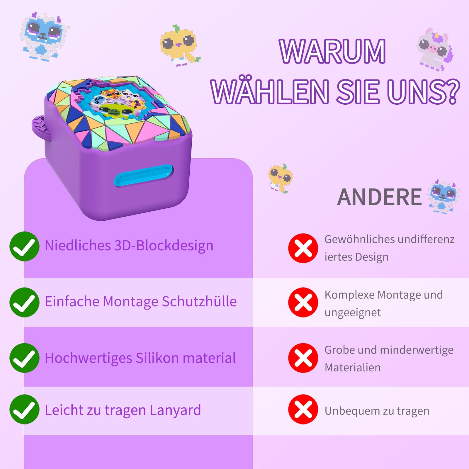 Schutzhülle für Bitzee Magicals Digital Pet, MOWYEOK rutschfeste und Kratzfeste Silikon Schutzhülle für Digitale elektronische Haustierhülle von Bitzee Magicals, Mit Lanyard (Lila)