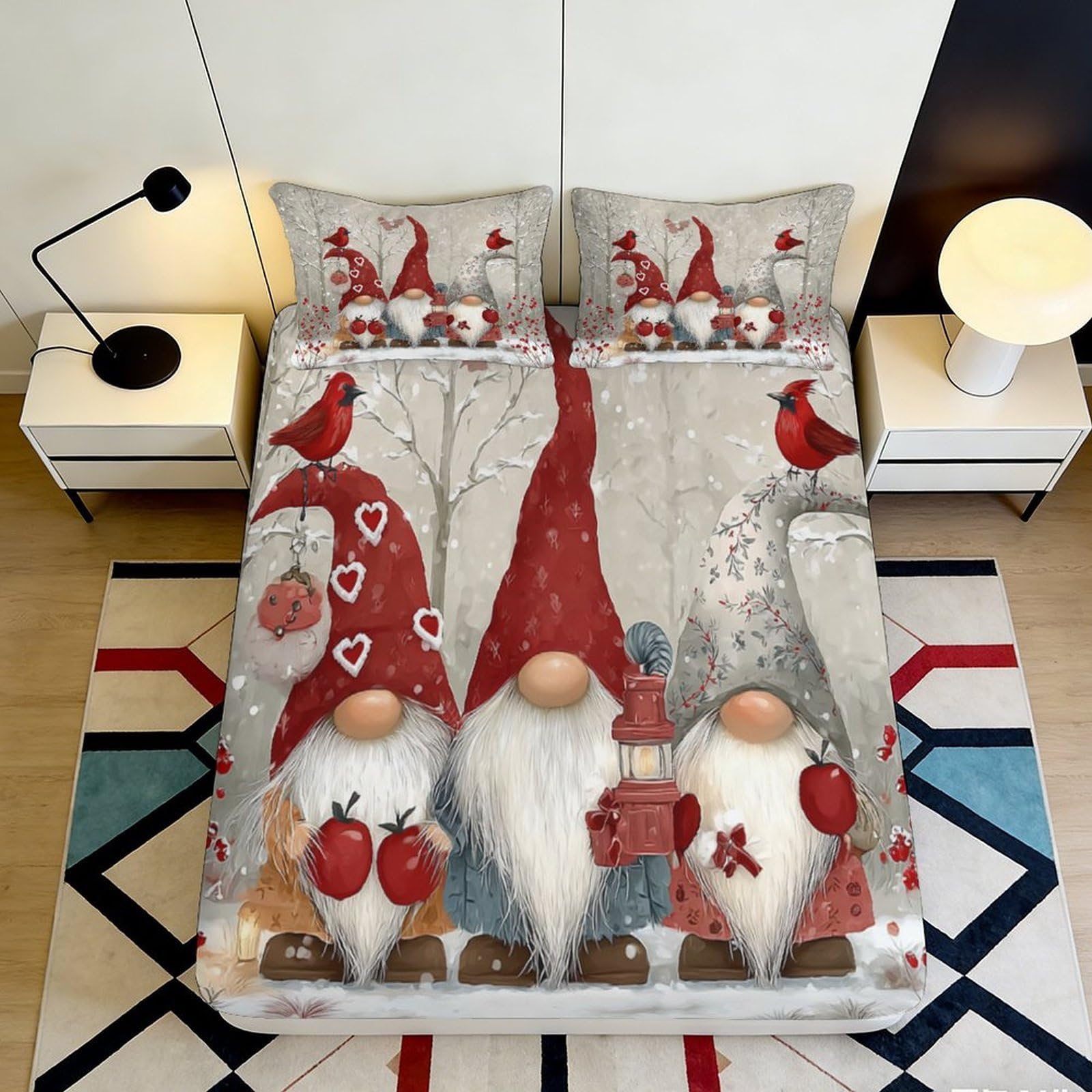 3D Printed Nordic Gnome Fitted Sheet Microfiber Red Grey Christmas Forest Mattress Cover for Bedroom Home Decor 90x200x25cm