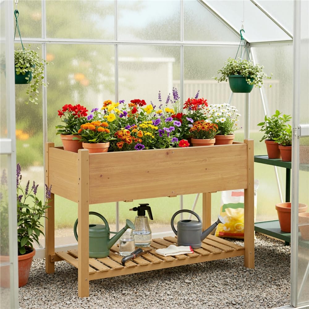 Yaheetech Fioriera/Aiuola Rialzata Orto Balcone Alta da Esterno in Legno Lettino per Piante Giardino con Ripiano Mensola 119 x 57 x 80 cm Portata 100 kg