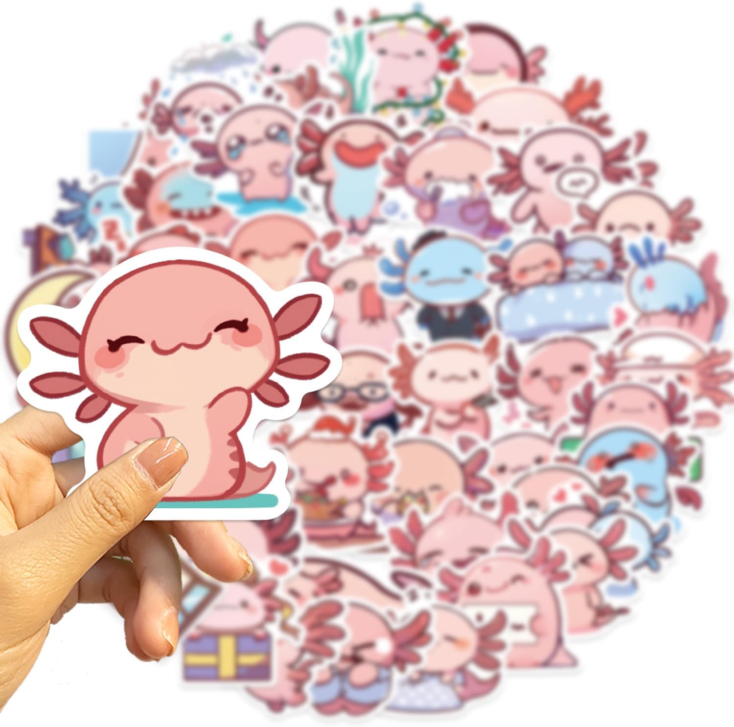 50Pcs Axolotl Stickers Pack Cute Cartoon Animal Cynops Sticker for Kids Waterproof, Vinyl Laptop Kid Stickers Pack, Kids Classroom Prizes for Elementary Students (Axolotl)