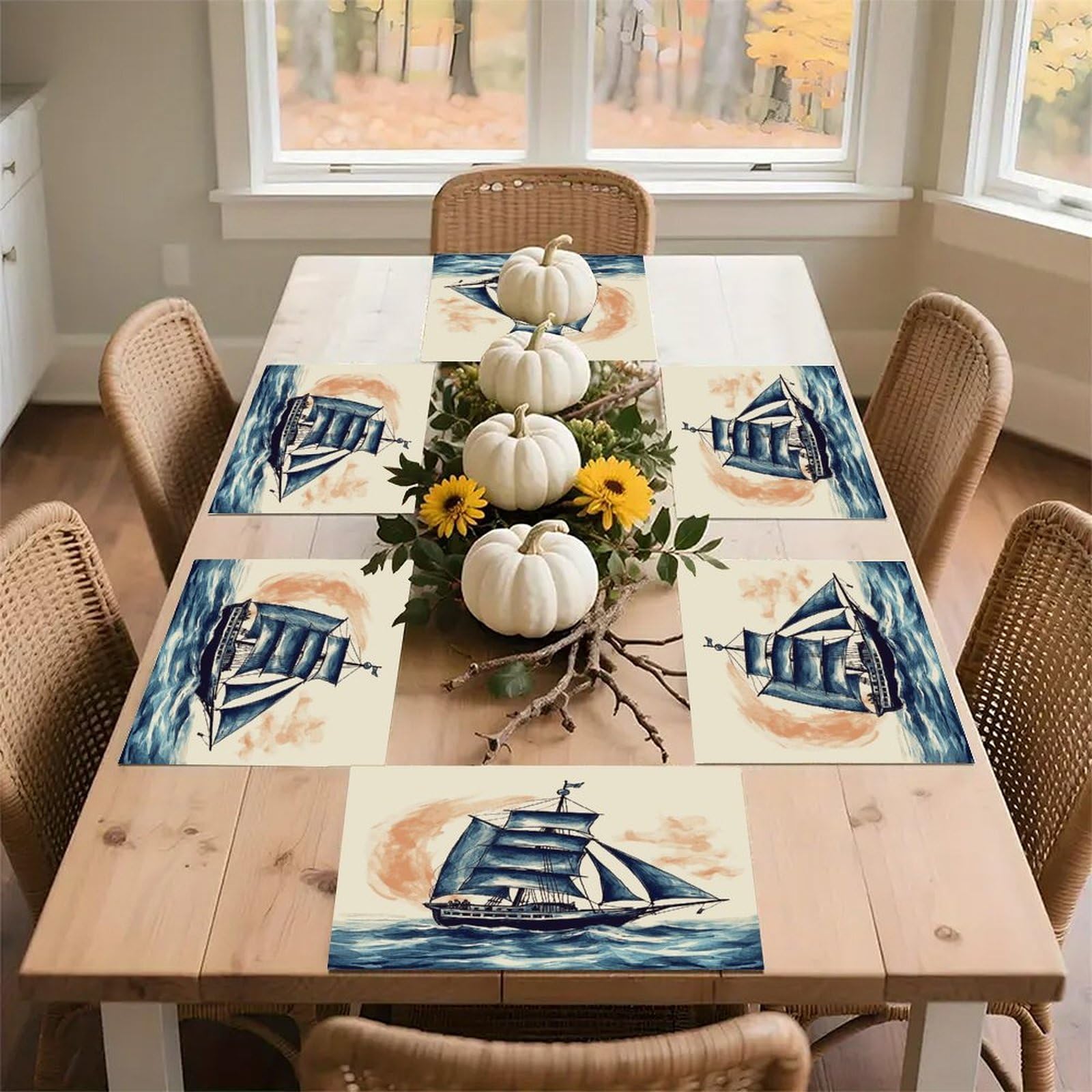 Nautical Sailboat Placemats Wipeable Heat Resistant Table Mats Washable Flax Place Mats Elegant Cloth Non-Slip Placemat for Kitchen Dinning Party Table Decor 12 * 18 in
