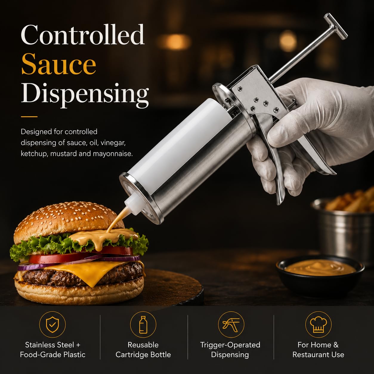 Pistola manuale per salsa in acciaio inox con cartuccia ricaricabile