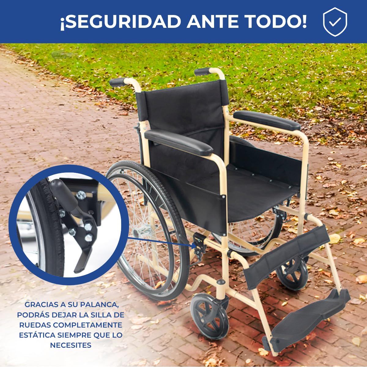 Mobiclinic®, Wózek inwalidzki składany, Denver, Siedzisko 46 cm, Hamulec ręczny, Zdejmowane oparcie, Składany podnóżek, Odporny, Dla niepełnosprawnych, Kremowo-czarny