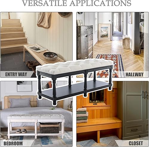 Miniatura 7 de Kmax Banco de almacenamiento para entrada, zapatero copetudo, banco de ventana de madera negra para pasillo, entrada, dormitorio, esquina, beige
