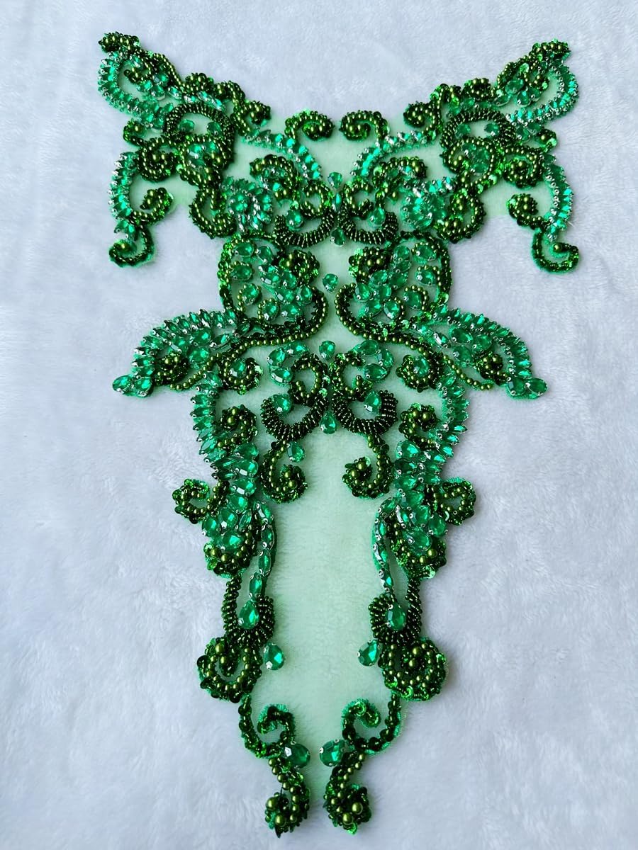 Handmade Rhinestones lace Trim Patches handsewing Beads Applique for Dress DIY Accessories 13.7X21.2inches (Light Green)