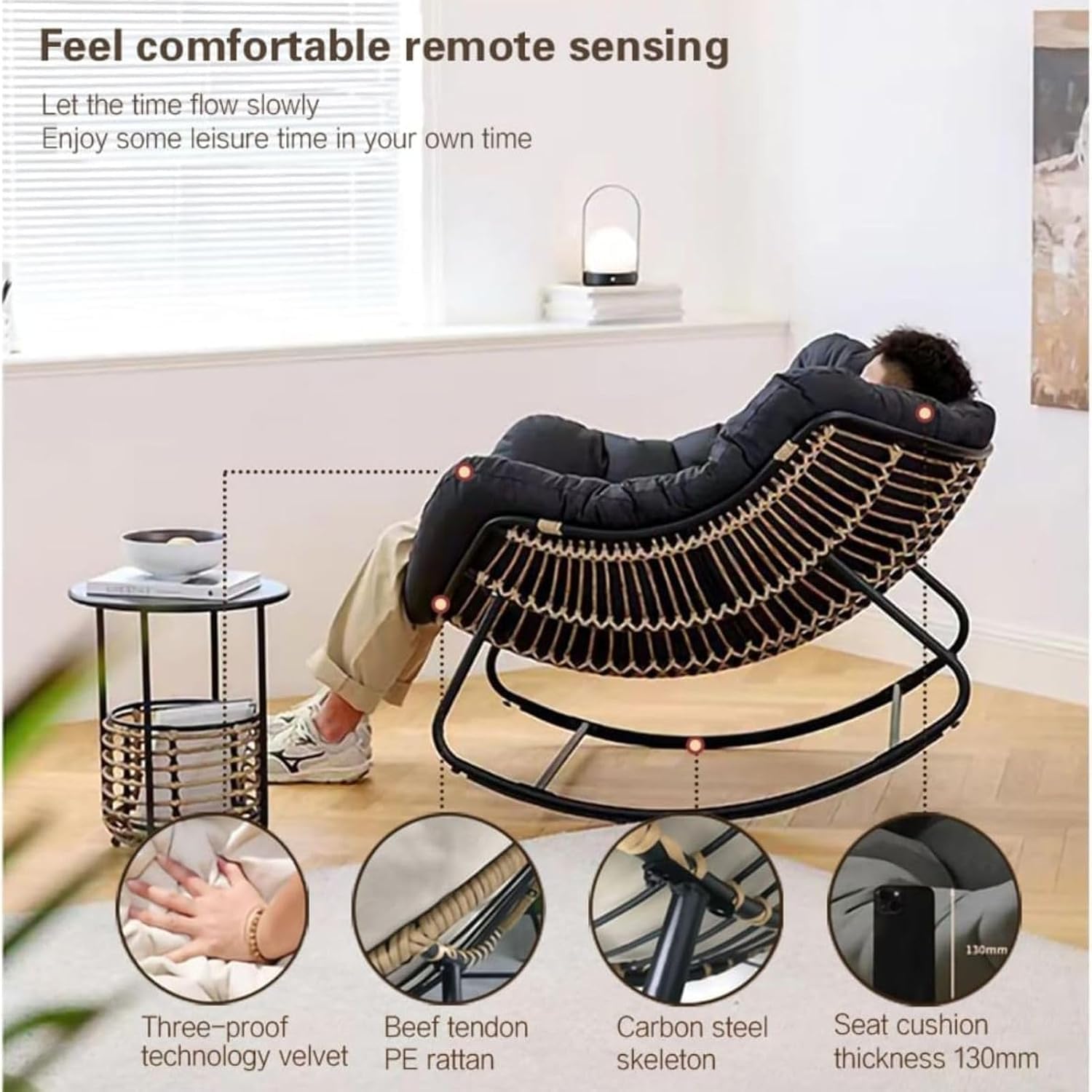 Rocking Outdoor Lounger Chair Chaise Lounge Zero Gravity Rocker,Oversized Patio Rocking Chair with Cushion, Indoor/Outdoor Rattan Wicker Lounge Rocker, Metal Frame, Modern Egg Design, Comfor