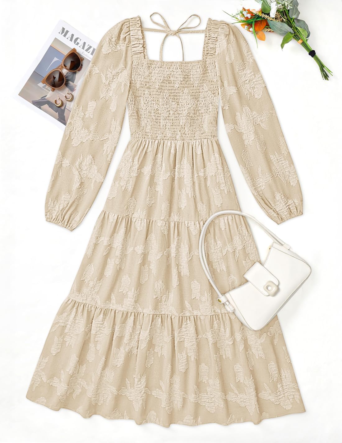 ZESICA Women's 2026 Spring Floral Midi Dress Long Sleeve Smocked Flowy Long Wedding Guest Vacation Dresses - Image 6