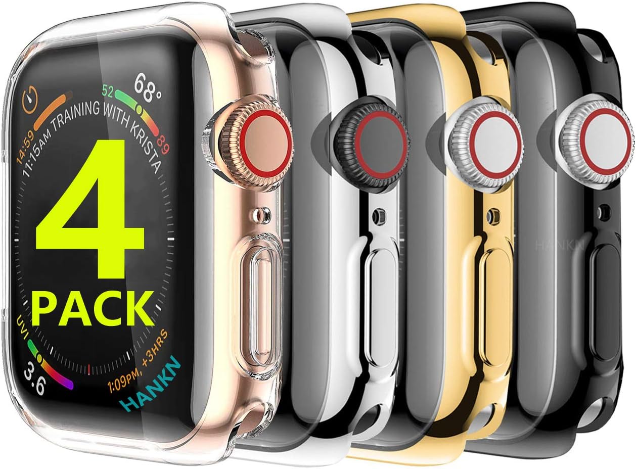 [4 Pack] HANKN for Apple Watch Series 6 5 4 SE 40mm Screen Protector Case, Soft TPU Full Coverage Plated Shockproof Smartwatch iWatch Cover Bumper (Clear+Silver+Gold+Black, 40mm)