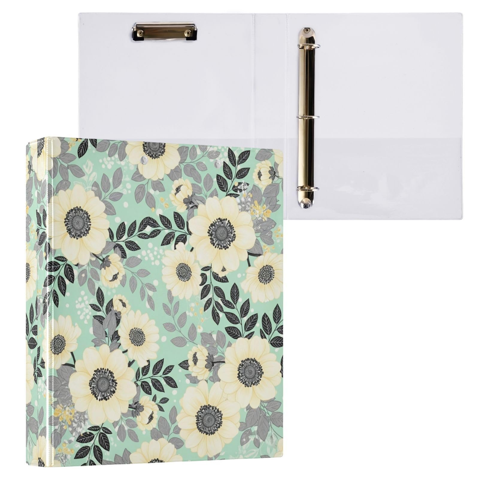 Carpeta de 3 anillos, carpeta de anillos en D con flores amarillas crema, paquete de 2 | Con portapapeles y bolsillos, para escuela, universidad, oficina