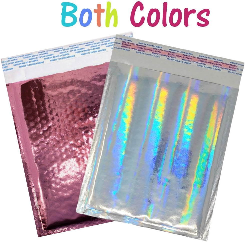 6x10 Hologram, Pink Shiny Foil Metallic Glamour Holographic Bubble Mailers Padded Rigid Shipping Self Seal Envelopes Poly Air Inner Lining #0 10 Eagle Thank You Stickers (100)