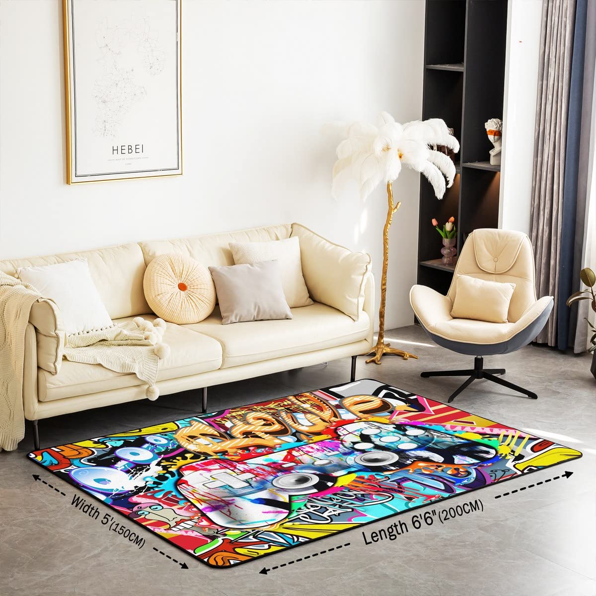 Loussiesd Tapis de salon Gamer 100 x 150 cm Style hippie Graffiti Tapis de salon pour chambre à coucher Maison Décoratif Graffiti Graphic Street Culture Tapis Ultra Doux Antidérapant Tapis de sol