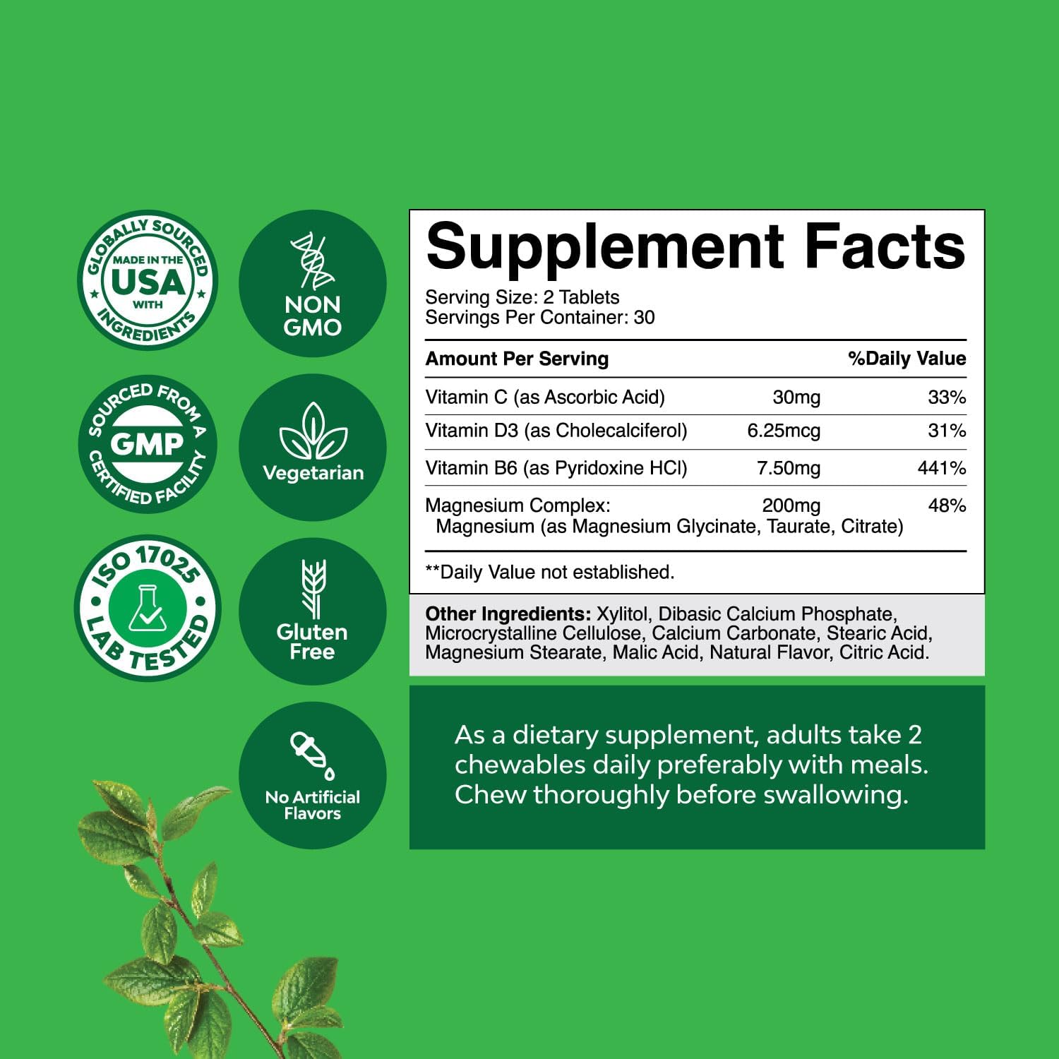 Sugar Free Magnesium Glycinate Chewable - Chewable Magnesium for Adults & Kids with Glycinate Taurate & Citrate Complex Plus Vitamins D3 B6 & C - Vegetarian Non-GMO & No Artificial Flavors - 60 Count - Image 3