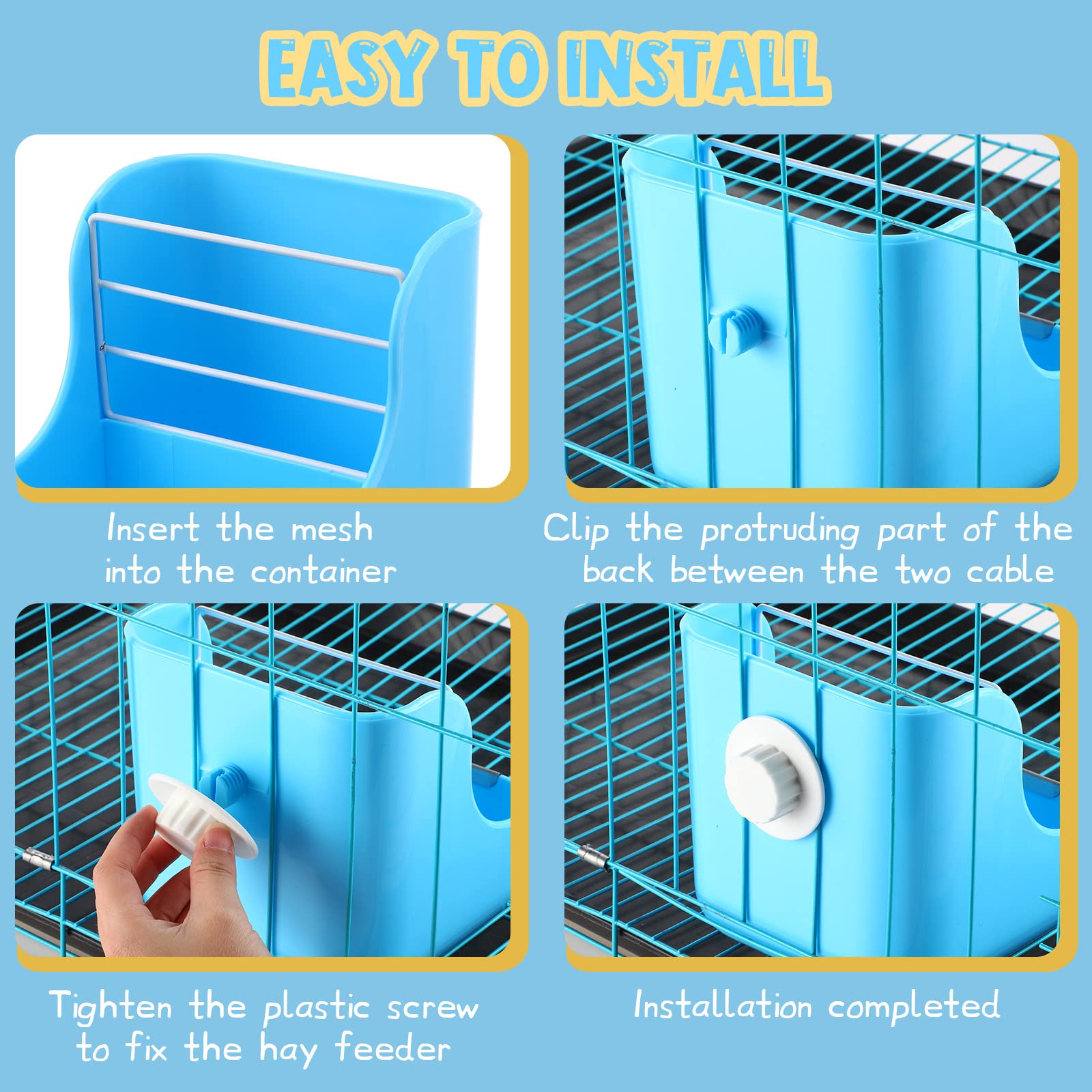 Kacctyen 4 Pcs Hay Feeder Bunny Hay Rack Manger Hay Food Bin Feeder Hanging Feeder Dispenser Double Use for Grass and Food Blue Guinea Pig Food Bowl Chinchilla Hay Holder for Small Pets - image 4