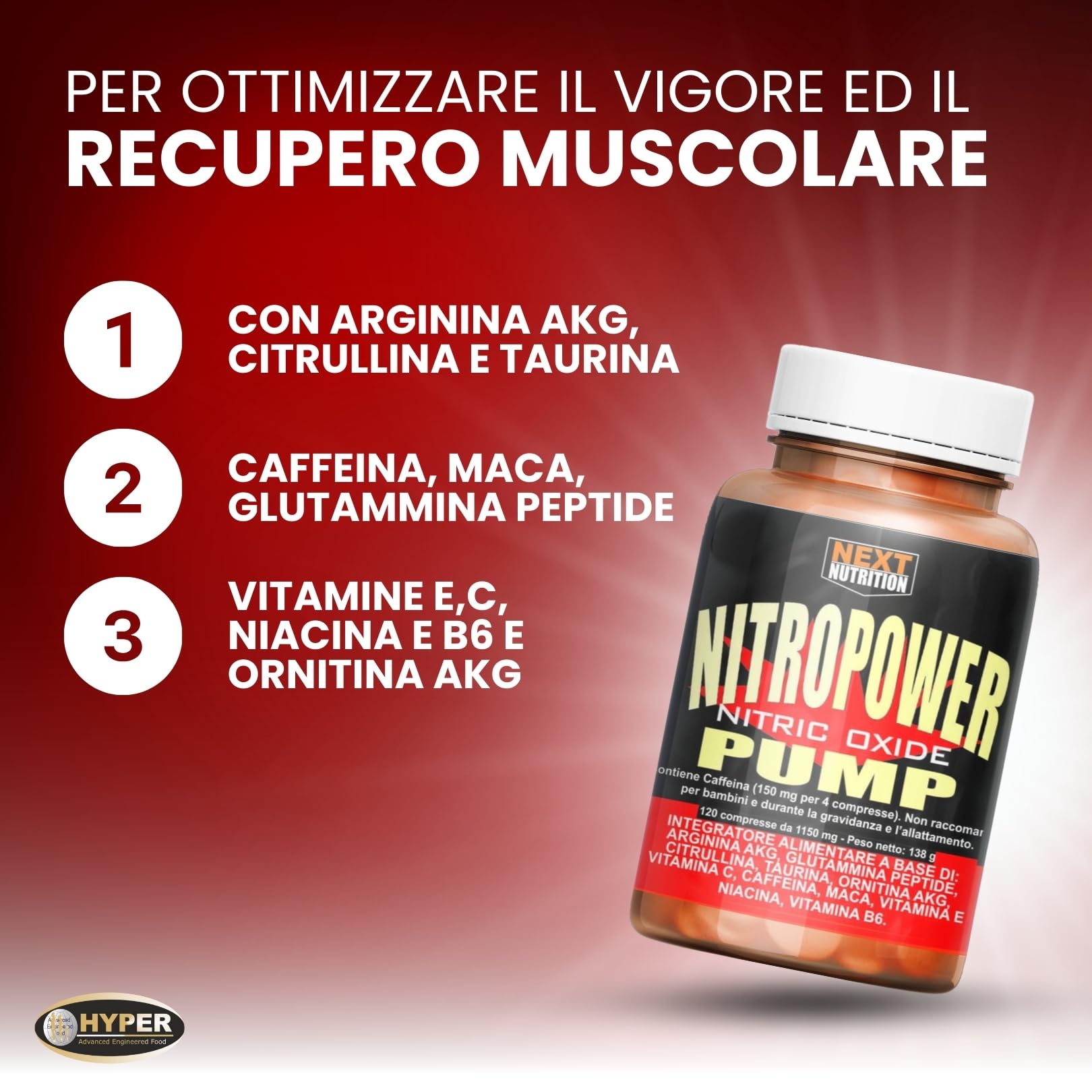 Hyper Nitro Power Pump 2 x 120 CPR - Pre Workout, Massa Muscolare - Stimola Ossido Nitrico con Vitamina C, Maca Peruviana, Vitamina E, Arginina, Citrullina, Glutammina, Acetil l Carnitina e Caffeina